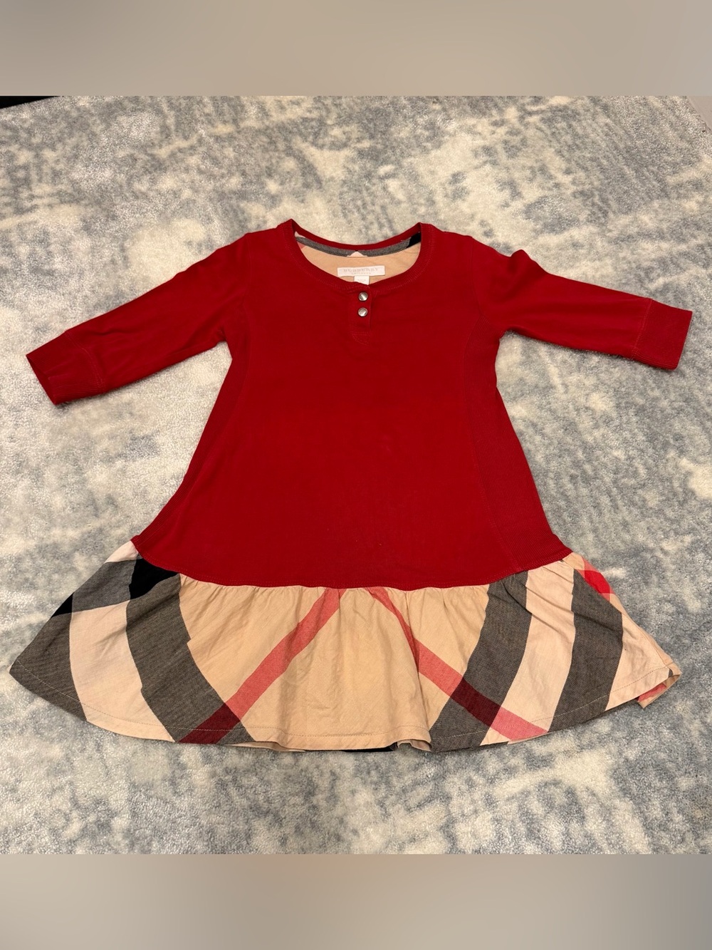 Burberry Red Long Sleeve Dress with Beige Plaid Hem